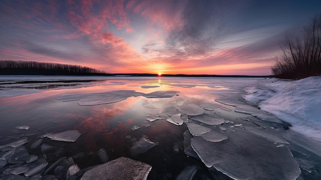 Ein farbenfroher Sonnenuntergang über einem zugefrorenen See mit Eisschollen und einem rosa Himmel.