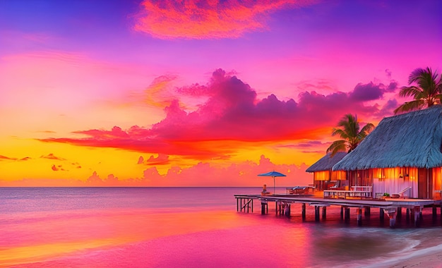 Ein farbenfroher Sonnenuntergang über einer tropischen Insel mit einem Restaurant am Wasser.