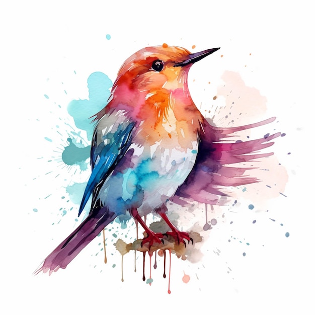 Ein farbenfroher Vogel sitzt auf einem Zweig mit Aquarell-Spritzen.