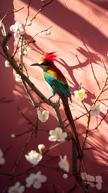 Ein farbenfroher Vogel sitzt auf einem Zweig vor einer rosa Wand