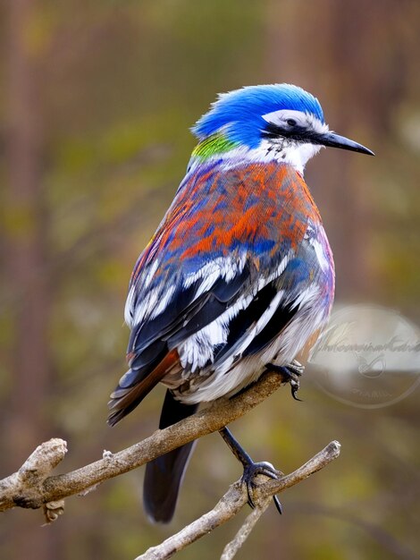 Foto ein farbenfroher vogel sitzt auf einer zweigstücke im wald mit bur-hintergrund