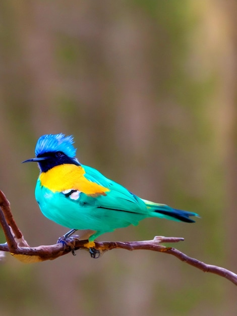 Foto ein farbenfroher vogel sitzt auf einer zweigstücke im wald mit bur-hintergrund