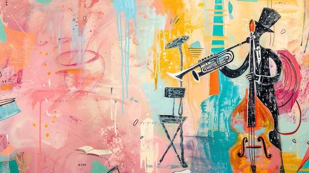 Ein farbenfrohes abstraktes Gemälde eines Jazzmusikers, der Trompete spielt