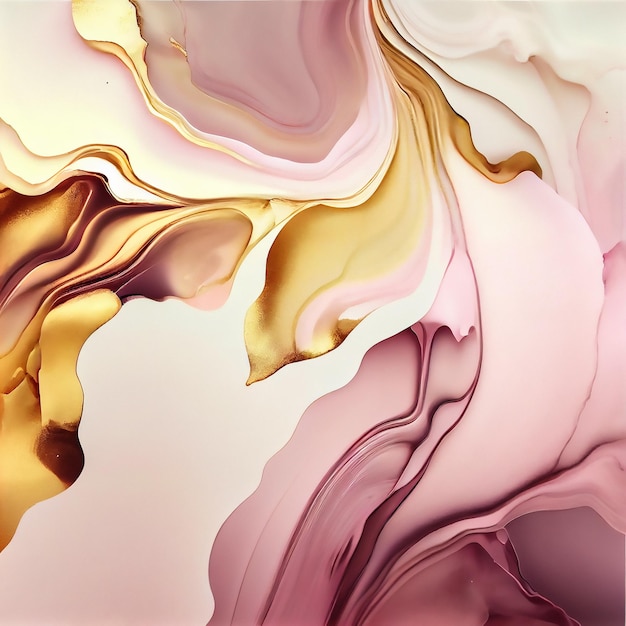 Ein farbenfrohes abstraktes Gemälde mit goldenen und rosafarbenen Farben.