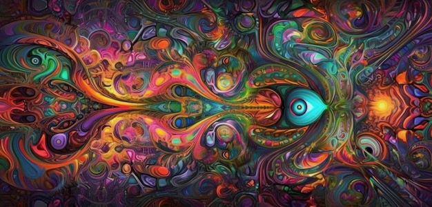 Ein farbenfrohes abstraktes Gemälde mit großem Auge und vielen Farben.