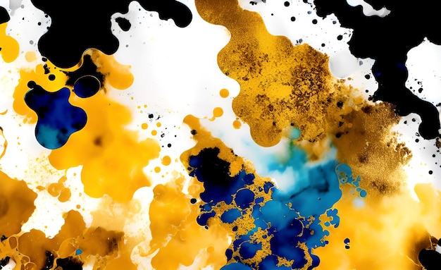 Ein farbenfrohes abstraktes Gemälde mit schwarzem Hintergrund und blauer und gelber Farbe.