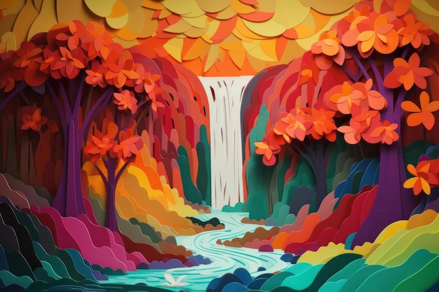 Ein farbenfrohes, aus Papier geschnittenes Kunstwerk eines Wasserfalls mit einem Wasserfall im Hintergrund.