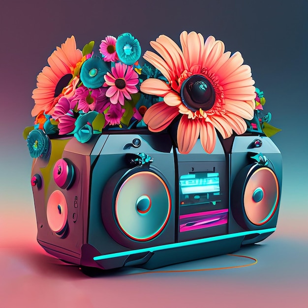 Ein farbenfrohes Bild aus Blumen und Radio mit einem Radio in der Mitte.