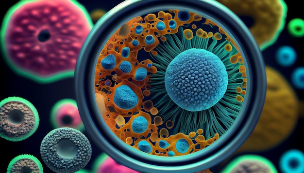 Ein farbenfrohes Bild einer Zelle mit einem Mikroskop und einem Mikroskop.
