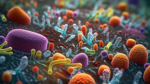 Ein farbenfrohes Bild eines Bakteriums, das unter einem Mikroskop untersucht wird.