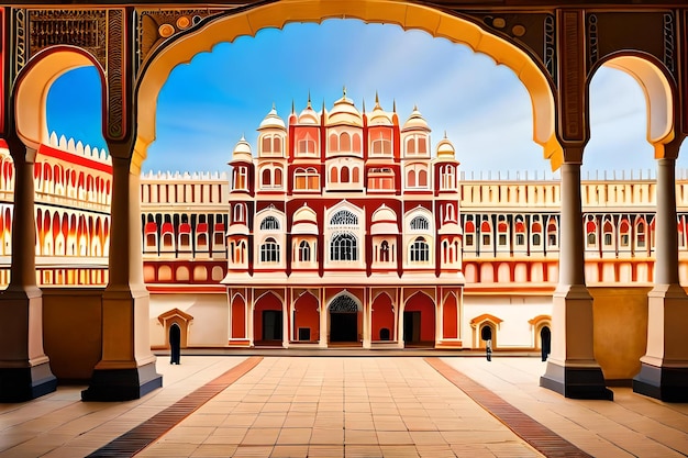 Ein farbenfrohes Bild eines Gebäudes mit einem Palast auf der Spitze.