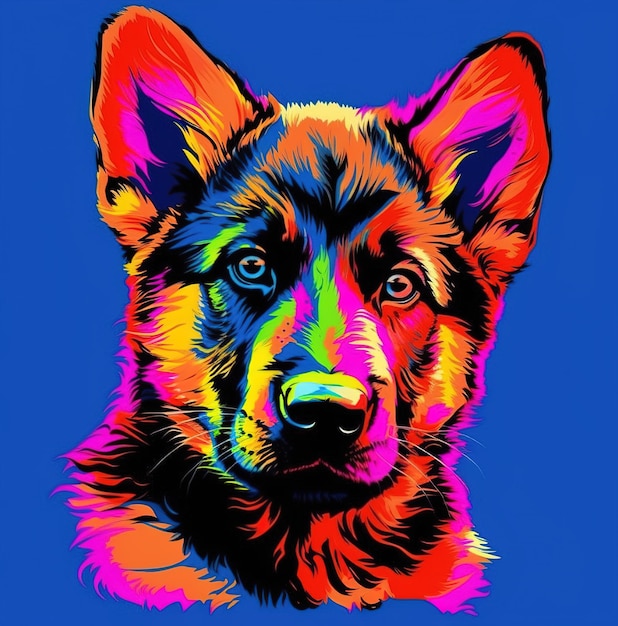 Ein farbenfrohes Bild eines Hundes mit blauem Hintergrund