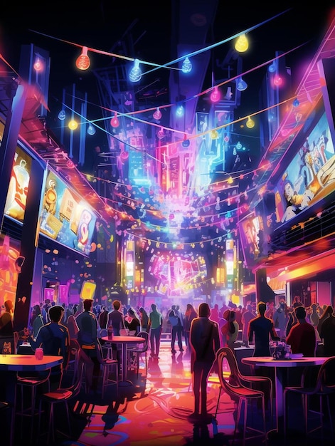 ein farbenfrohes Bild eines Kinos mit Menschen im Hintergrund.
