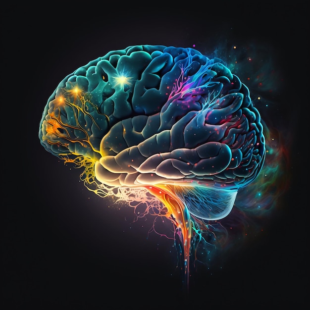 Ein farbenfrohes Bild eines menschlichen Gehirns mit dem Wort Gehirn darauf.
