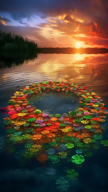Ein farbenfrohes Bild eines schwimmenden Kreises im Wasser, hinter dem die Sonne untergeht.