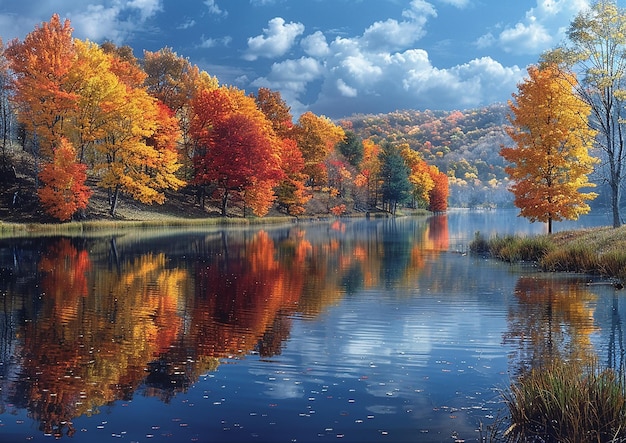 ein farbenfrohes Bild eines Sees mit Bäumen und der Reflexion der Berge im Wasser