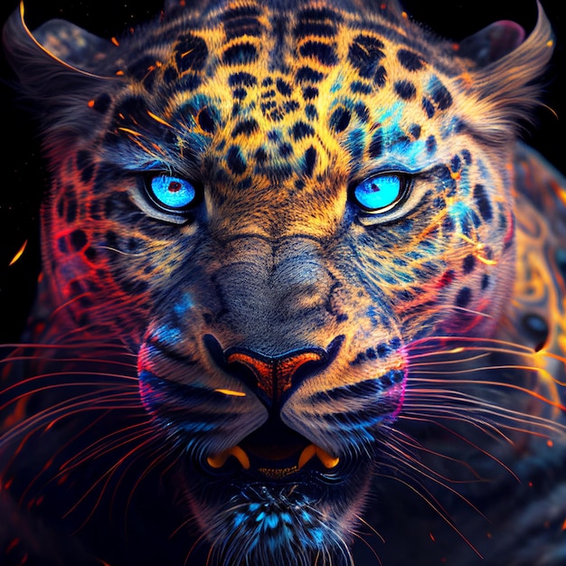 Ein farbenfrohes Bild eines Tigers mit blauen Augen.