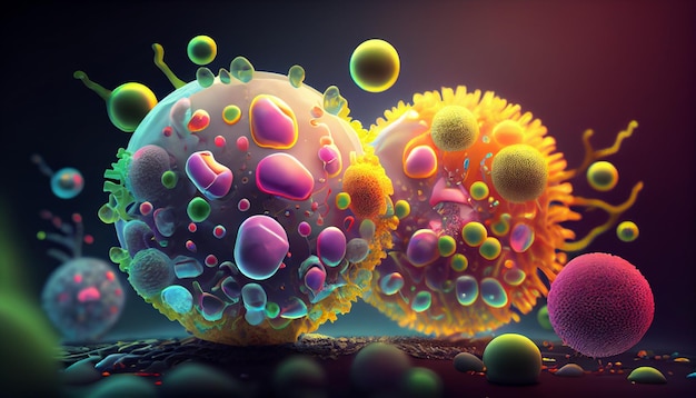 Ein farbenfrohes Bild eines Virus und eines Bakteriums