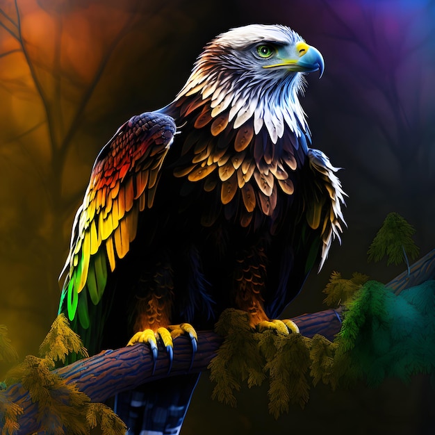 Ein farbenfrohes Bild eines Vogels mit schwarzem Hintergrund und gelbem Auge.