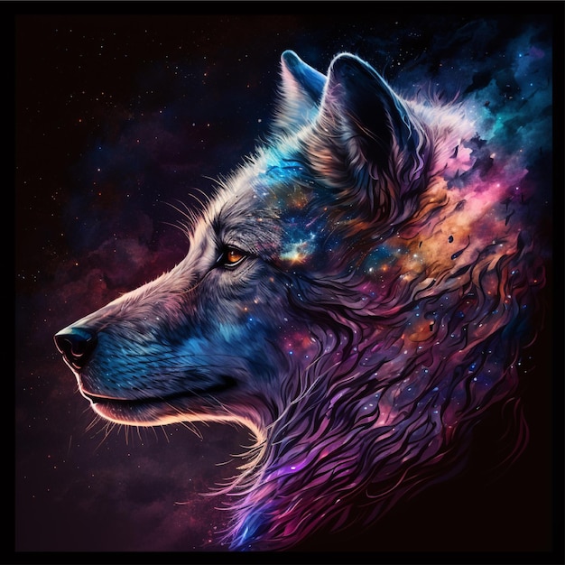 Ein farbenfrohes Bild eines Wolfs mit nach links gedrehtem Kopf.