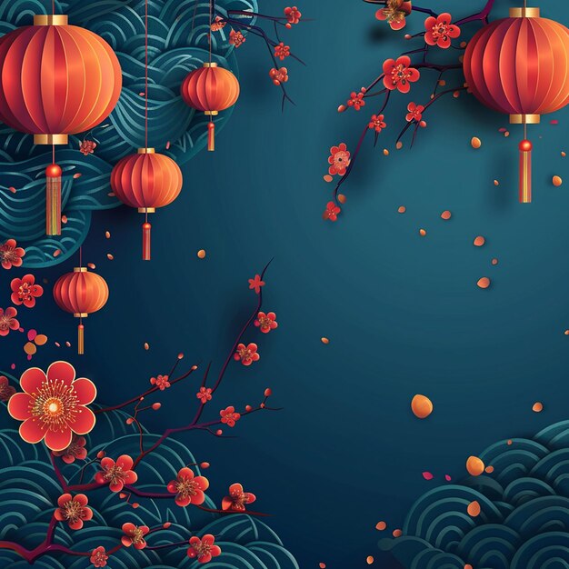 ein farbenfrohes Bild einiger chinesischer Laternen mit Orange und Blau