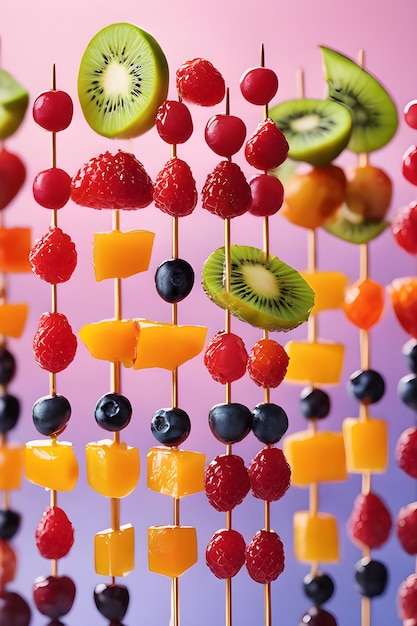 Ein farbenfrohes Bild verschiedener Früchte auf Spießen mit Zuckersirup-Miki-Makrofotografie