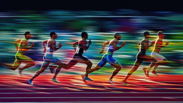 Foto ein farbenfrohes bild von athleten, die auf einer strecke laufen.