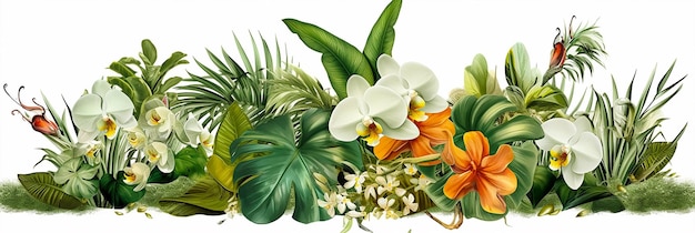 Ein farbenfrohes Blumenarrangement mit Orchideen und anderen tropischen Pflanzen.