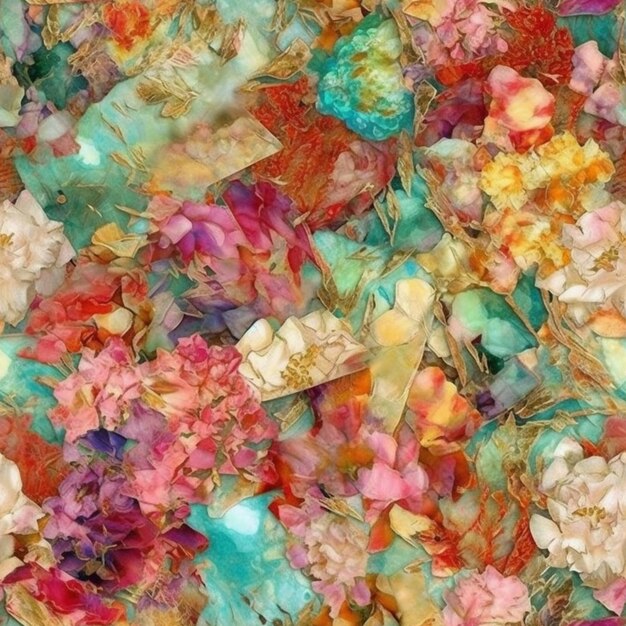 Ein farbenfrohes Blumenmuster mit Aquarellhintergrund.