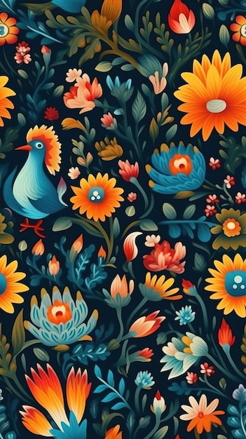 Ein farbenfrohes Blumenmuster mit einem blauen Vogel und einem blauen Vogel im Hintergrund.