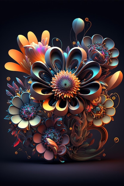 Ein farbenfrohes Blumenmuster mit einer großen Blume in der Mitte.