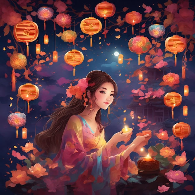 Ein farbenfrohes digitales Gemälde zum Mittherbstfest-Mondkuchen-Cheok-Tag mit schönen Mädchenlaternen