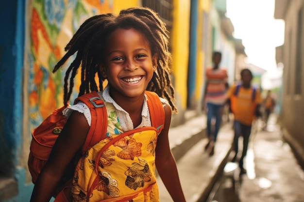Ein farbenfrohes Foto einer jungen Studentin mit strahlendem Lächeln, die ihren neuen, bunt gemusterten Rucksack „Generative AI“ hochhält