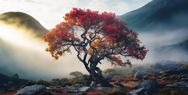 Foto ein farbenfrohes foto eines spanischen korkbaums im sonnenuntergang über den bergen