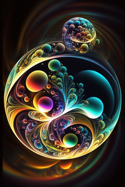 Ein farbenfrohes Fraktal, das aus Kreisen und Blasen besteht.