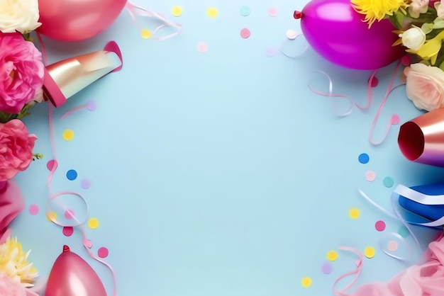 Ein farbenfrohes Geburtstagsparty-Banner mit Luftballons auf blauem Hintergrund