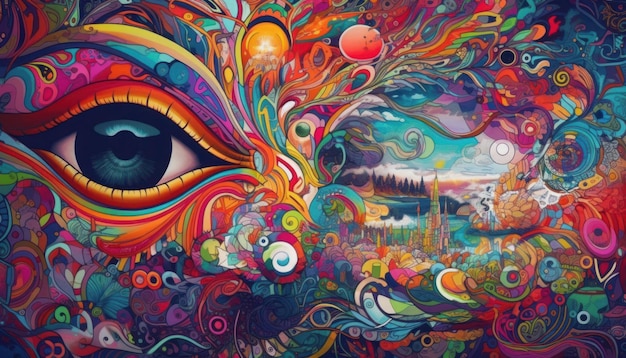 Ein farbenfrohes Gemälde des Auges einer Frau mit dem Himmel im Hintergrund.