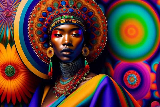 Ein farbenfrohes Gemälde einer Frau mit einem Hut auf dem Kopf.