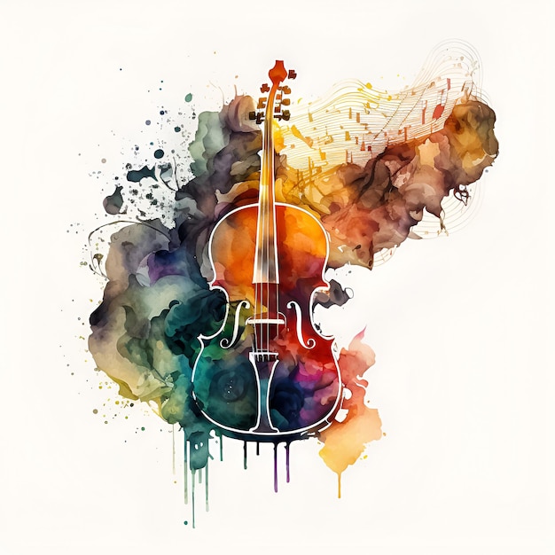 Ein farbenfrohes Gemälde einer Geige mit schwarzem Umriss und weißem Hintergrund.