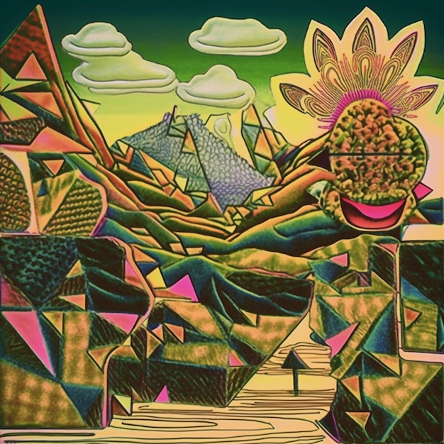 Ein farbenfrohes Gemälde einer Sonnenblume und Bergen mit einem grünen Himmel im Hintergrund.
