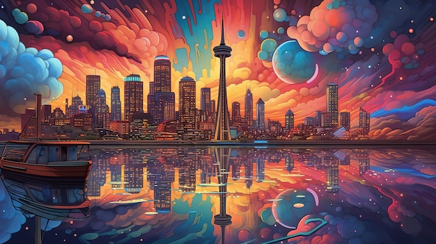 Ein farbenfrohes Gemälde einer Stadt mit einer Stadt im Hintergrund.