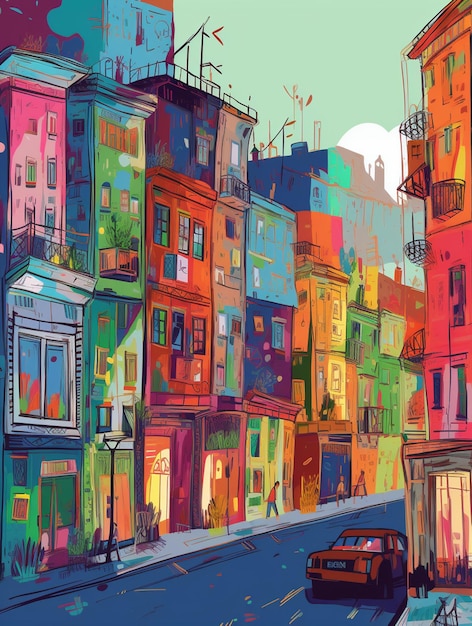 Ein farbenfrohes Gemälde einer Straßenszene mit einem davor geparkten Auto.