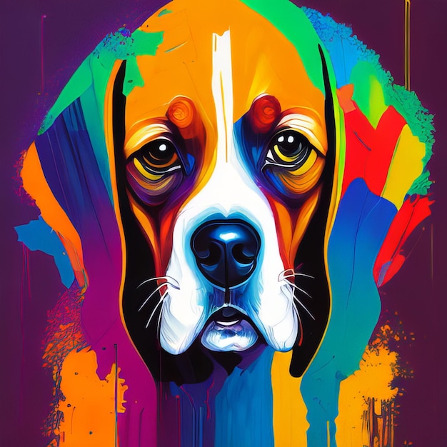 Ein farbenfrohes Gemälde eines Beagles in den Farben des Regenbogens.