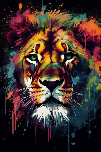 Ein farbenfrohes Gemälde eines Löwen mit grünem Auge.