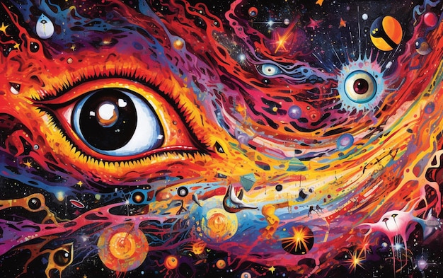 Ein farbenfrohes Gemälde eines menschlichen Auges mit dem Universum im Hintergrund.