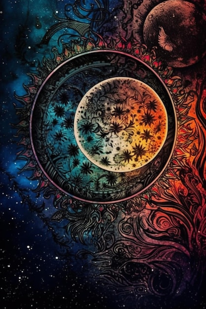 Ein farbenfrohes Gemälde eines Mondes und von Sternen mit den Worten „Mond“ in der Mitte.