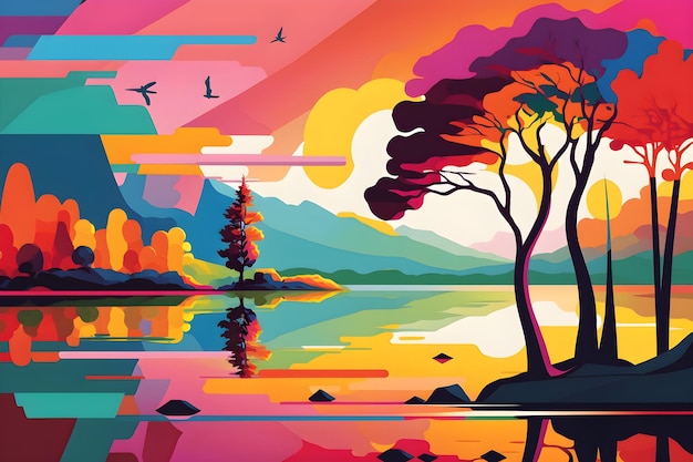 Ein farbenfrohes Gemälde eines Sees mit Bergen im Hintergrund.