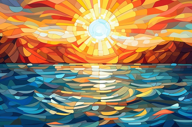 Ein farbenfrohes Gemälde eines Sonnenuntergangs über dem Ozean. Generative KI