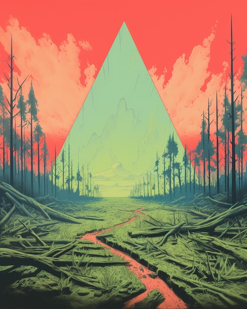 ein farbenfrohes Gemälde eines Waldes mit einem Berg im Hintergrund
