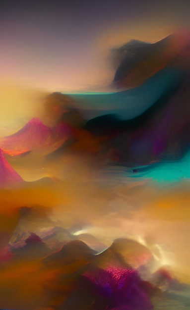 Ein farbenfrohes Gemälde mit einem Berg im Hintergrund